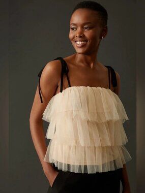 Sundays in Brooklyn Beige Tulle Tiered Tie Strap Tank Top Womens Size Small